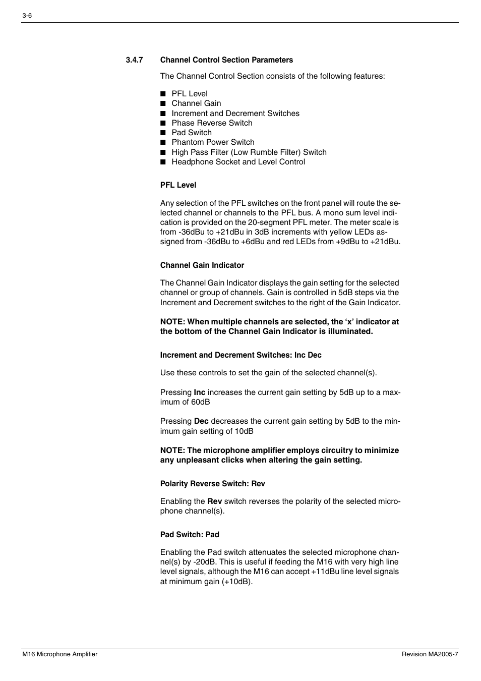 7 channel control section parameters, Channel control section parameters -6, 7 channel control | Section parameters | Cadac M16 User Manual | Page 20 / 55