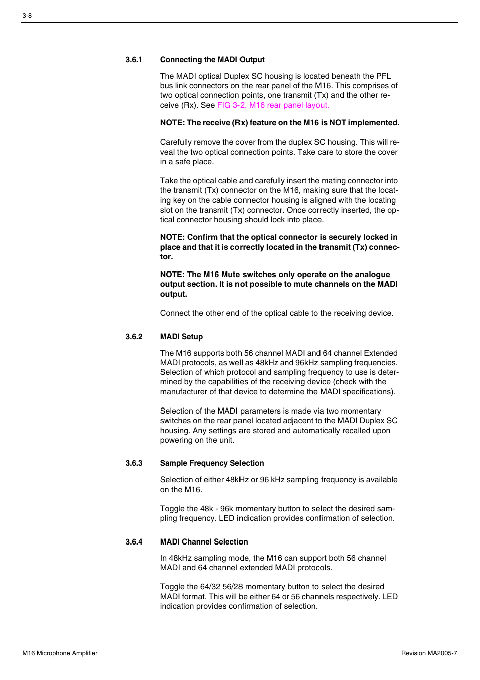 1 connecting the madi output, 2 madi setup, 3 sample frequency selection | 4 madi channel selection, Connecting the madi output -8, Madi setup -8, Sample frequency selection -8, Madi channel selection -8 | Cadac M16 User Manual | Page 22 / 55