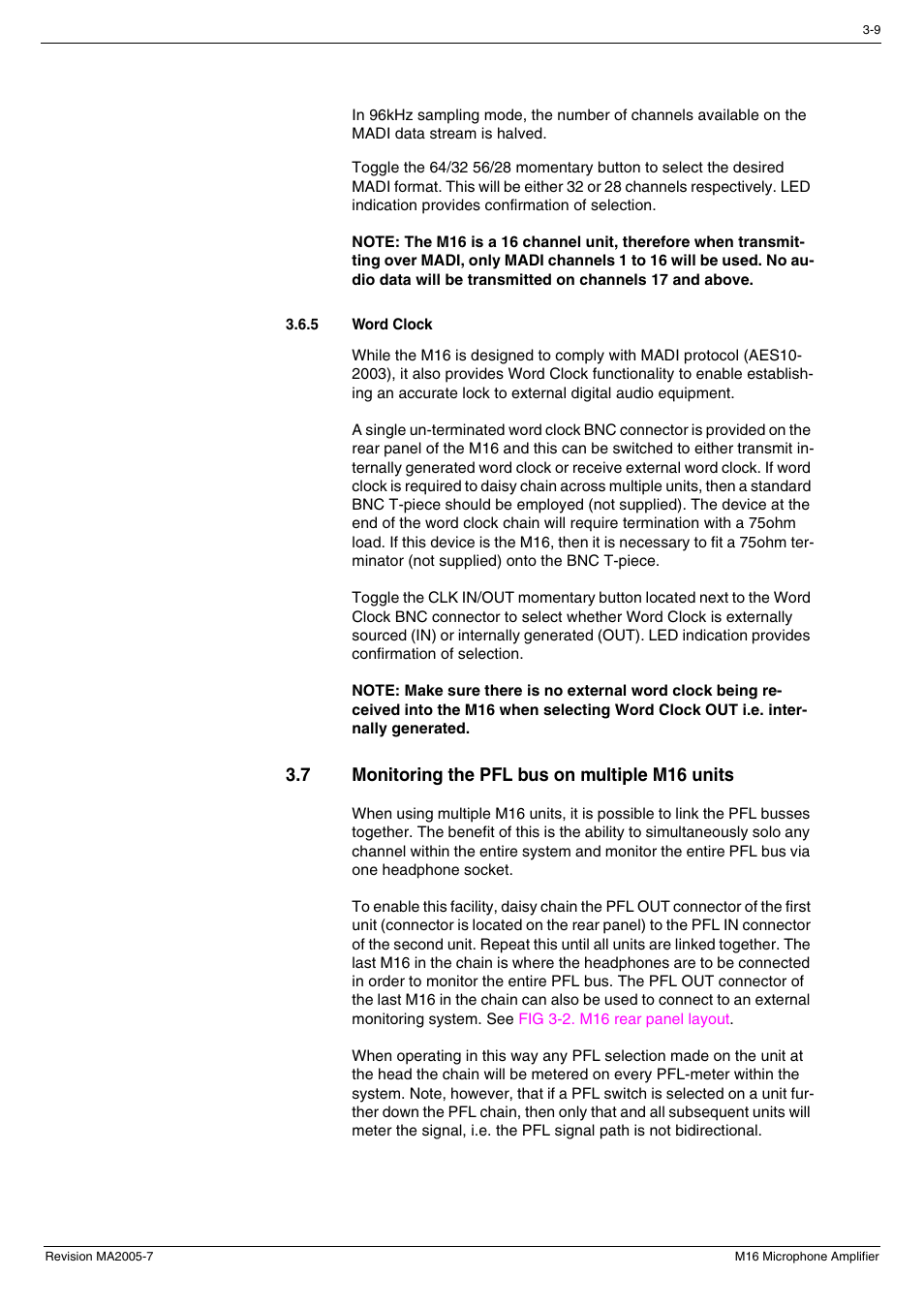 5 word clock, 7 monitoring the pfl bus on multiple m16 units, Word clock -9 | Monitoring the pfl bus on multiple m16 units -9, 7 monitoring the pfl bus on multiple, M16 units | Cadac M16 User Manual | Page 23 / 55