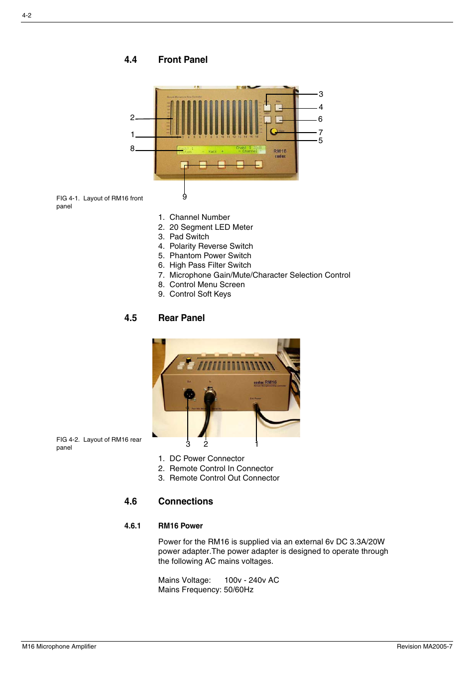 4 front panel, 5 rear panel, 6 connections | 1 rm16 power, Front panel -2, Rear panel -2, Connections -2 4.6.1, Rm16 power -2 | Cadac M16 User Manual | Page 26 / 55