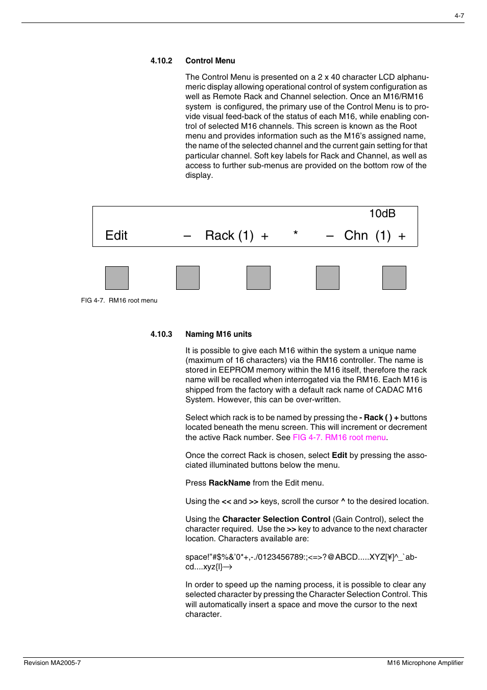 2 control menu, 3 naming m16 units, Control menu -7 | Naming m16 units -7, Edit – rack (1) + * – chn (1), 10db | Cadac M16 User Manual | Page 31 / 55