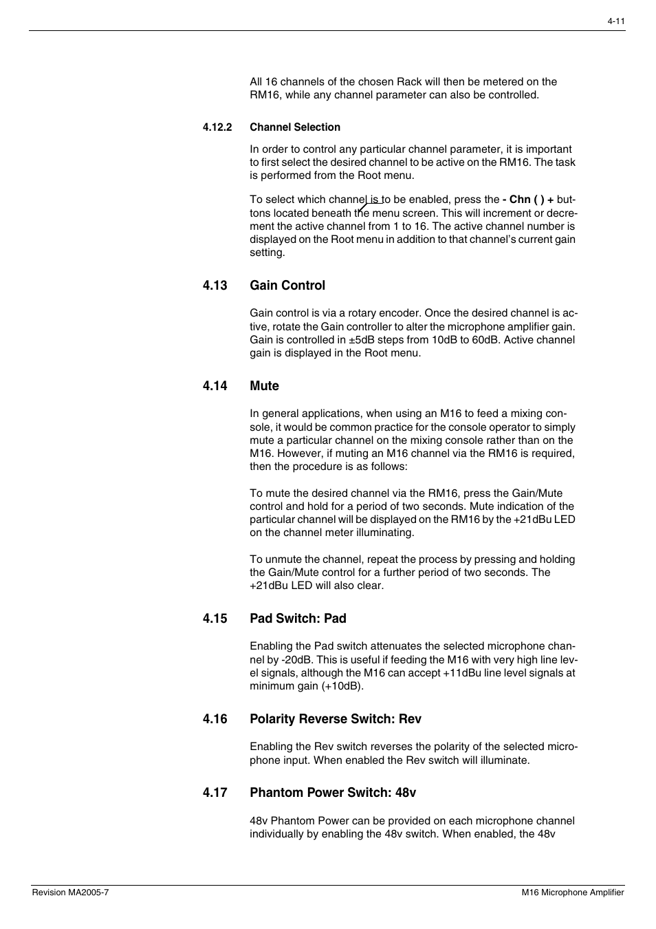 2 channel selection, 13 gain control, 14 mute | 15 pad switch: pad, 16 polarity reverse switch: rev, 17 phantom power switch: 48v, Channel selection -11 | Cadac M16 User Manual | Page 35 / 55