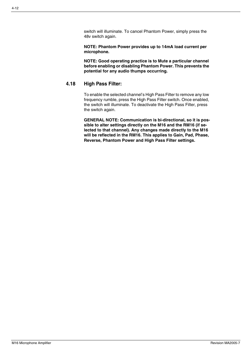 18 high pass filter, 18 high pass filter: -12 | Cadac M16 User Manual | Page 36 / 55