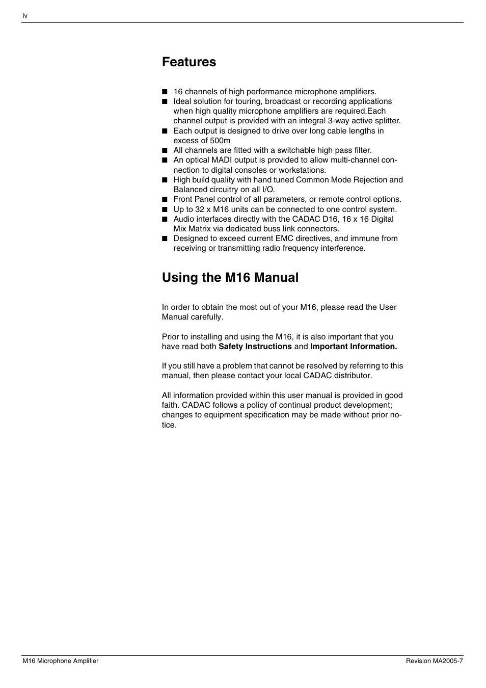Features, Using the m16 manual | Cadac M16 User Manual | Page 6 / 55