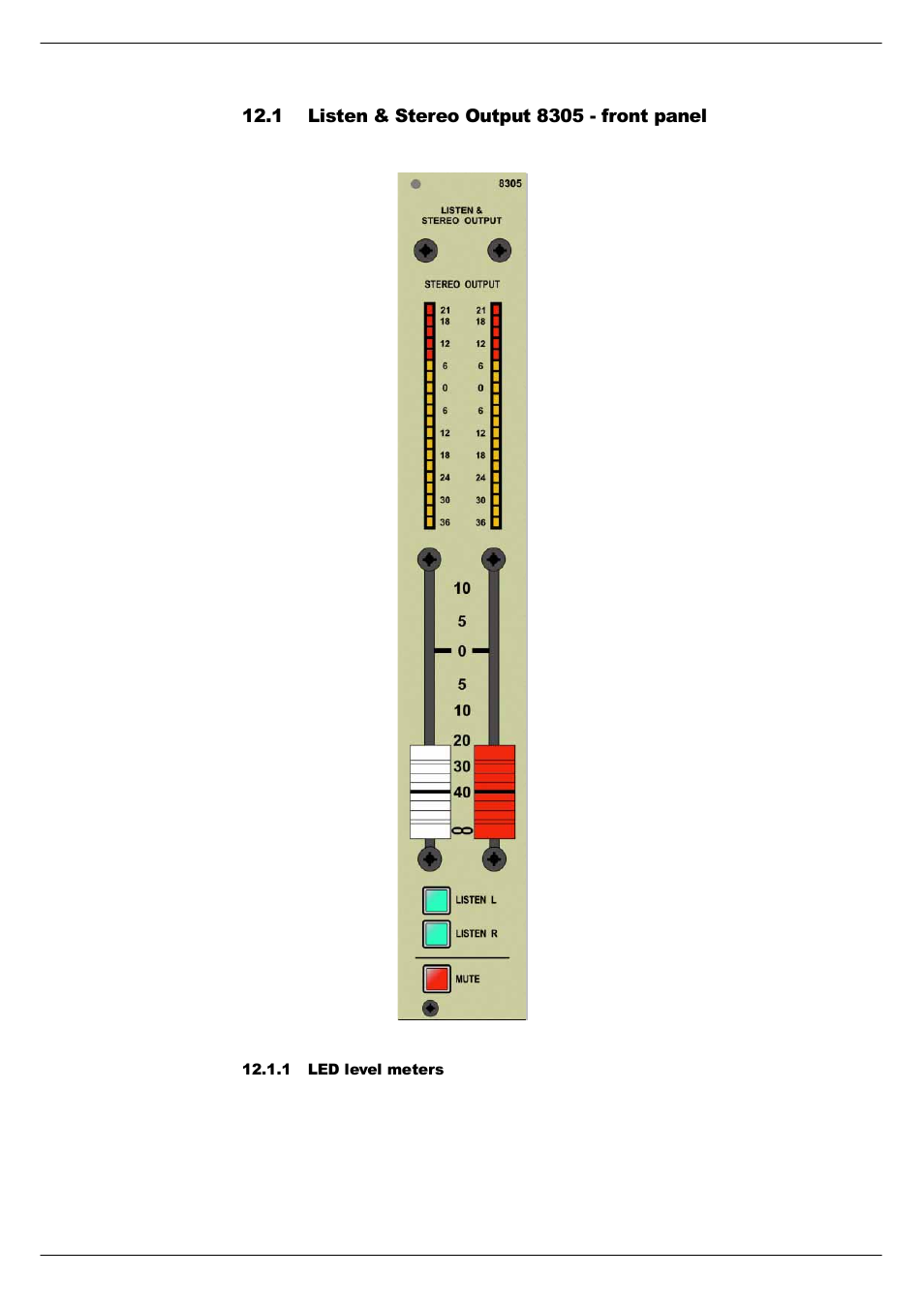 1 listen & stereo output 8305 - front panel, 1 led level meters, Listen & stereo output 8305 - front panel -2 | Cadac R-Type User Manual | Page 108 / 139