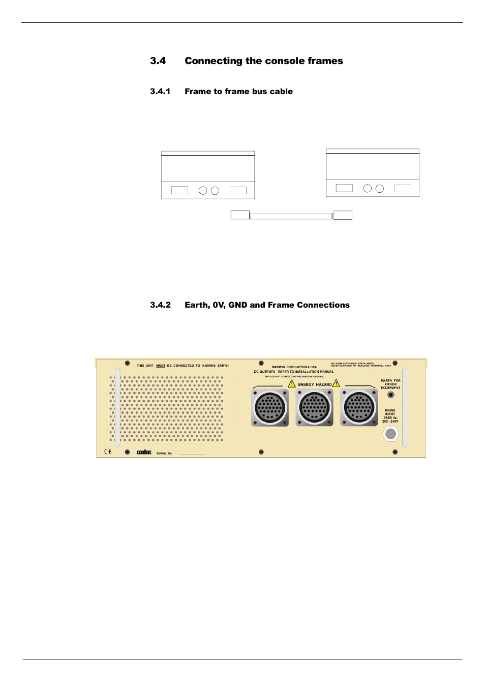 4 connecting the console frames, 1 frame to frame bus cable, 2 earth, 0v, gnd and frame connections | Connecting the console frames, 617 &rqqhfwlqj#wkh#frqvroh#iudphv | Cadac R-Type User Manual | Page 27 / 139