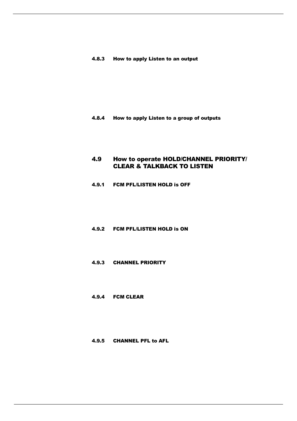 3 how to apply listen to an output, 4 how to apply listen to a group of outputs, 1 fcm pfl/listen hold is off | 2 fcm pfl/listen hold is on, 3 channel priority, 4 fcm clear, 5 channel pfl to afl | Cadac R-Type User Manual | Page 35 / 139