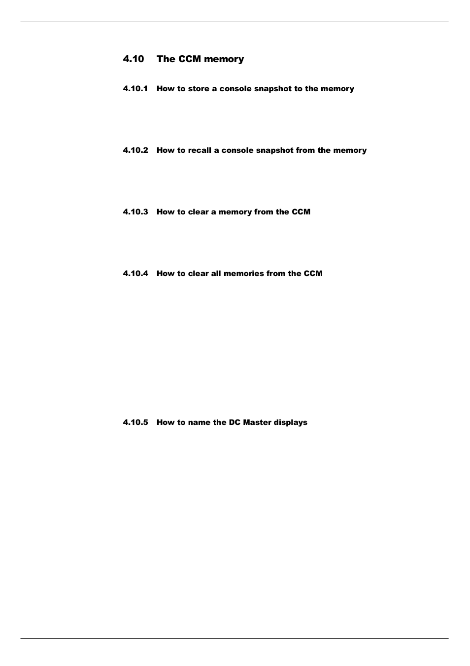 10 the ccm memory, 1 how to store a console snapshot to the memory, 2 how to recall a console snapshot from the memory | 3 how to clear a memory from the ccm, 4 how to clear all memories from the ccm, 5 how to name the dc master displays, The ccm memory -8 | Cadac R-Type User Manual | Page 36 / 139