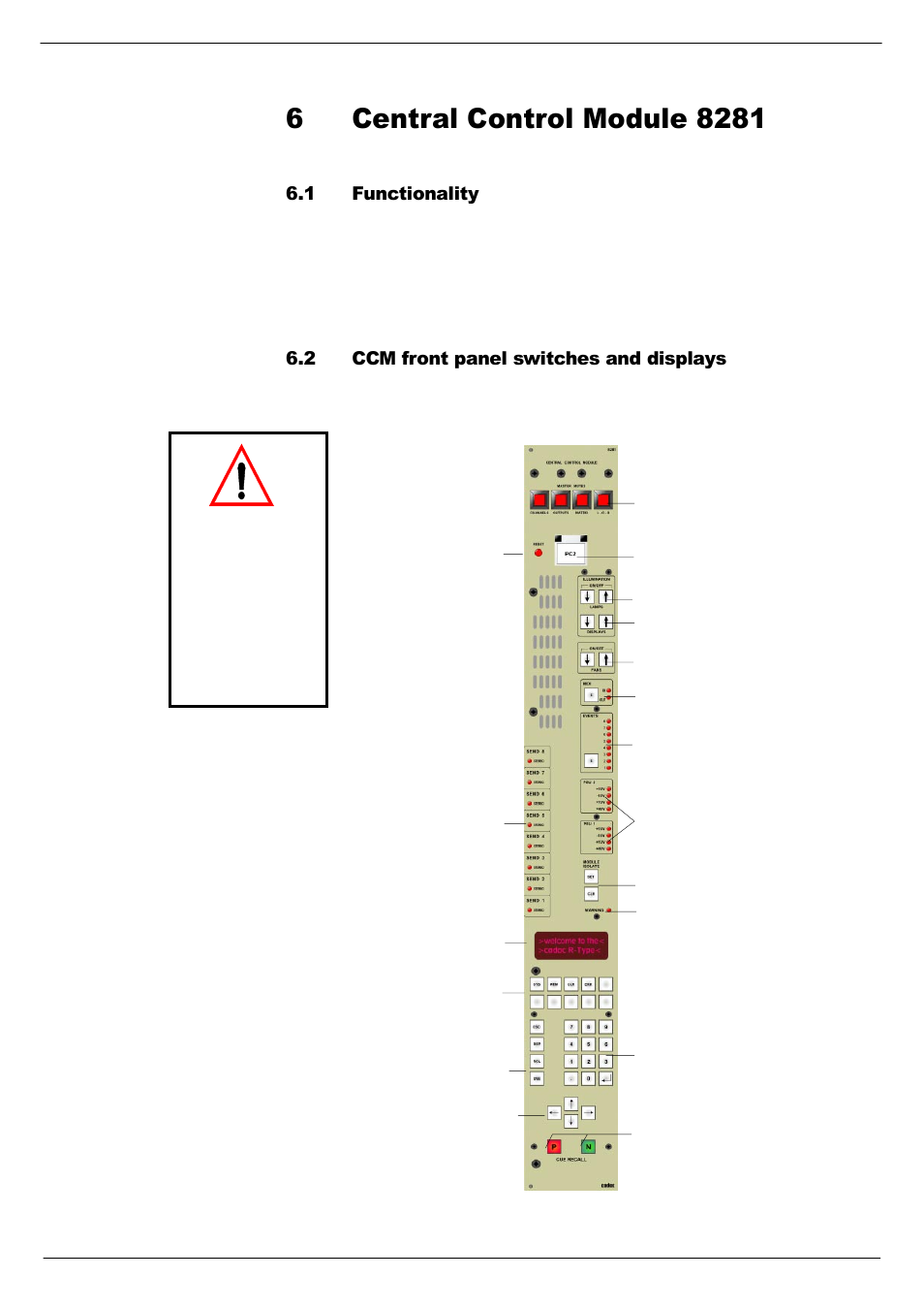 6 central control module 8281, 1 functionality, 2 ccm front panel switches and displays | Functionality -1, Ccm front panel switches and displays -1, 9&hqwudo#&rqwuro#0rgxoh#;5;4 | Cadac R-Type User Manual | Page 41 / 139