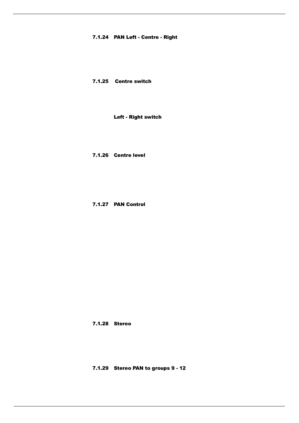 24 pan left - centre - right, 25 centre switch, 26 centre level | 27 pan control, 28 stereo, 29 stereo pan to groups 9 - 12, 27 pan con, Trol | Cadac R-Type User Manual | Page 61 / 139
