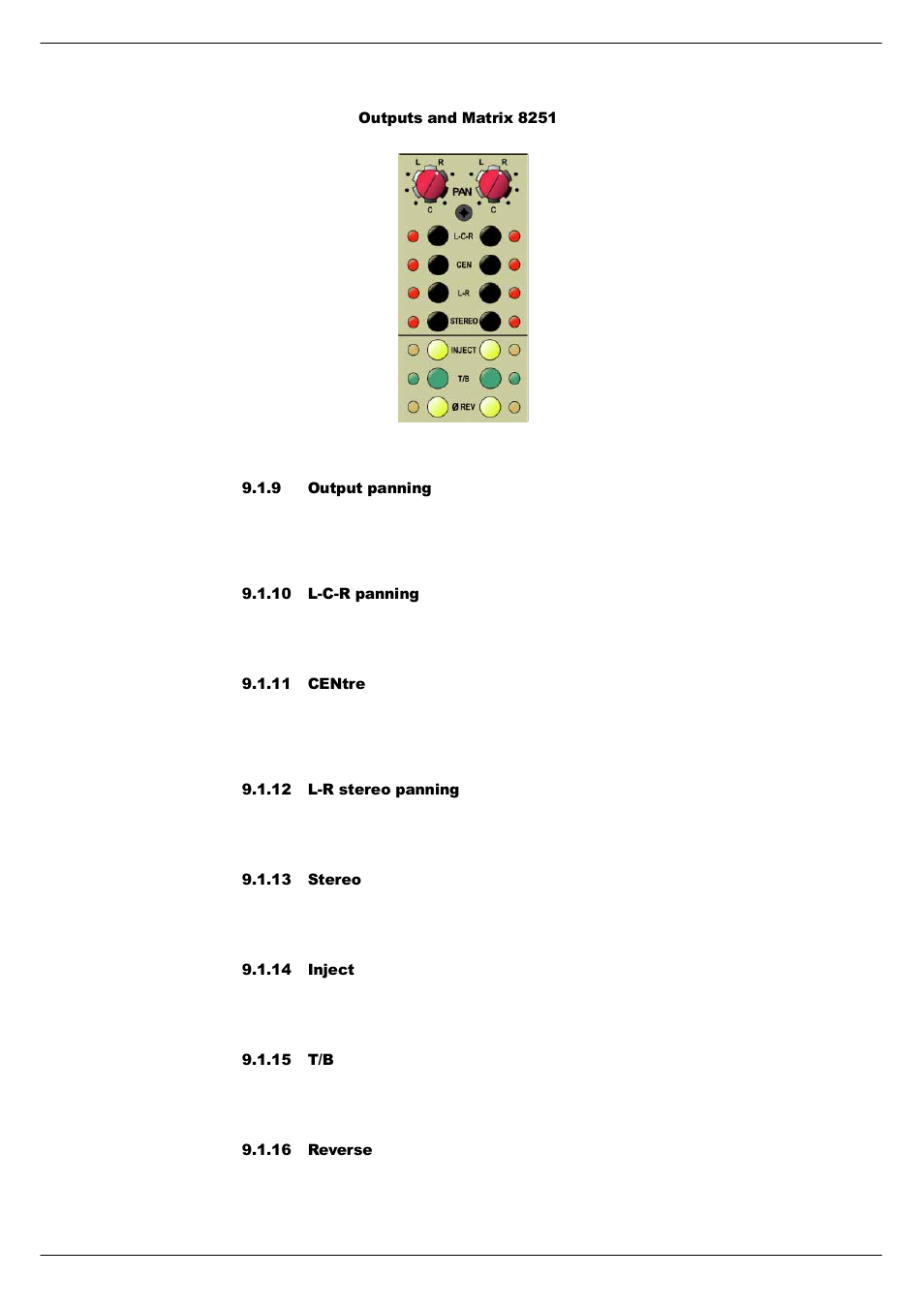 9 output panning, 10 l-c-r panning, 11 centre | 12 l-r stereo panning, 13 stereo, 14 inject, 15 t/b, 16 reverse | Cadac R-Type User Manual | Page 82 / 139