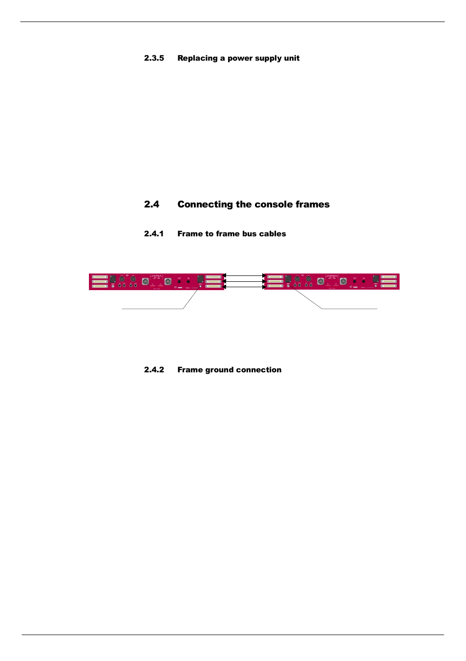 5 replacing a power supply unit, 4 connecting the console frames, 1 frame to frame bus cables | 2 frame ground connection, Connecting the console frames -5, 517 &rqqhfwlqj#wkh#frqvroh#iudphv | Cadac S-Type User Manual | Page 15 / 74