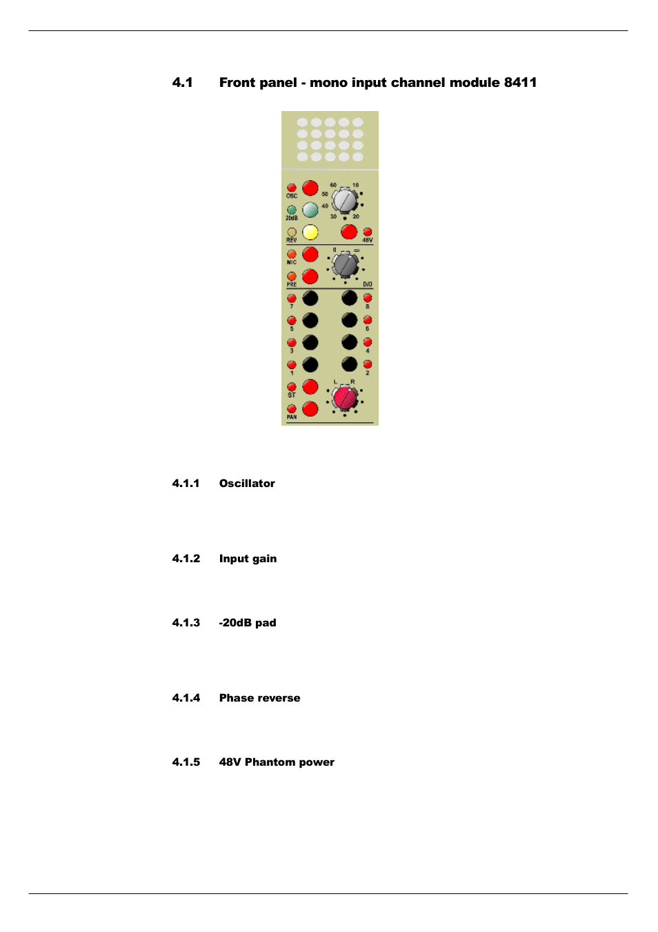 1 front panel - mono input channel module 8411, 1 oscillator, 2 input gain | 3 -20db pad, 4 phase reverse, 5 48v phantom power, Front panel - mono input channel module 8411 -2 | Cadac S-Type User Manual | Page 20 / 74