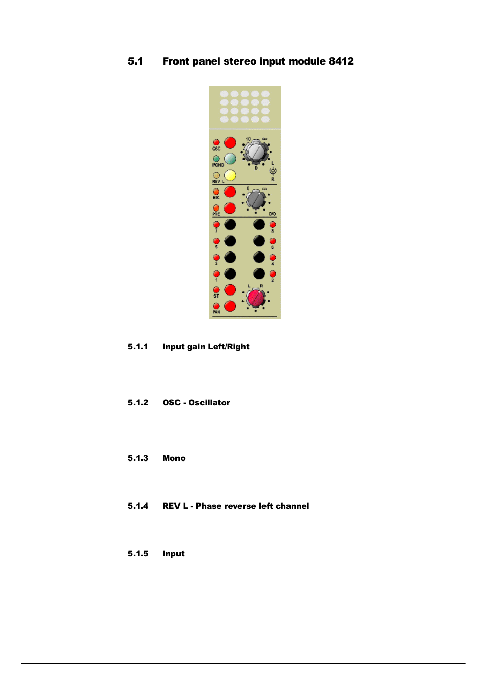 1 front panel stereo input module 8412, 1 input gain left/right, 2 osc - oscillator | 3 mono, 4 rev l - phase reverse left channel, 5 input, Front panel stereo input module 8412 -2 | Cadac S-Type User Manual | Page 30 / 74