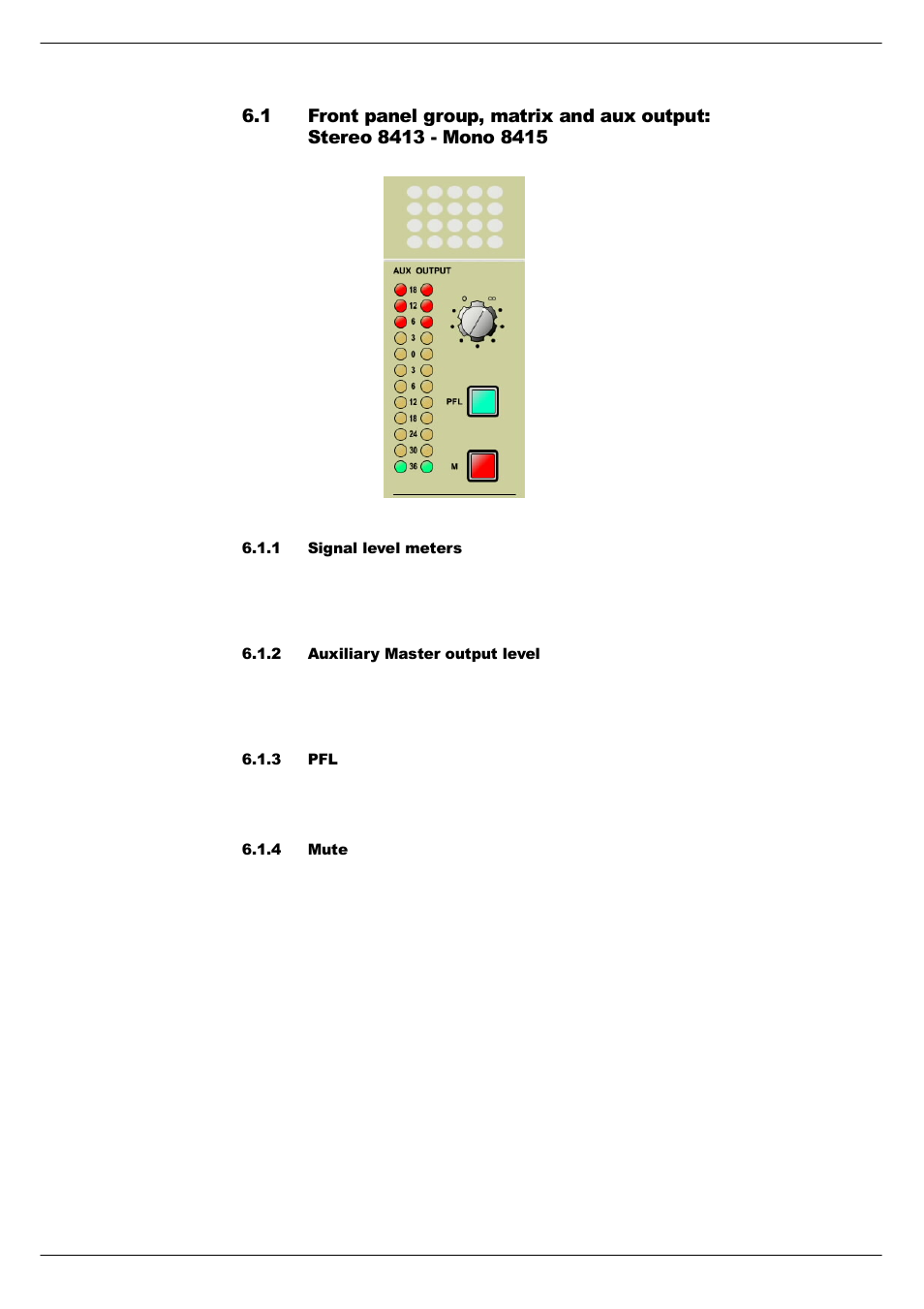 1 signal level meters, 2 auxiliary master output level, 3 pfl | 4 mute, Front panel group, matrix and auxiliary output | Cadac S-Type User Manual | Page 40 / 74
