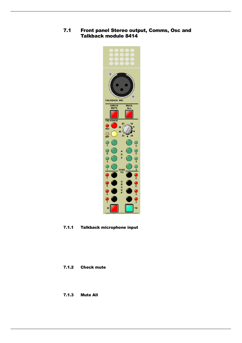 1 talkback microphone input, 2 check mute, 3 mute all | Front panel stereo output, comms, osc and | Cadac S-Type User Manual | Page 48 / 74