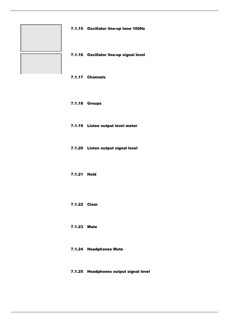 15 oscillator line-up tone 100hz, 16 oscillator line-up signal level, 17 channels | 18 groups, 19 listen output level meter, 20 listen output signal level, 21 hold, 22 clear, 23 mute, 24 headphones mute | Cadac S-Type User Manual | Page 51 / 74