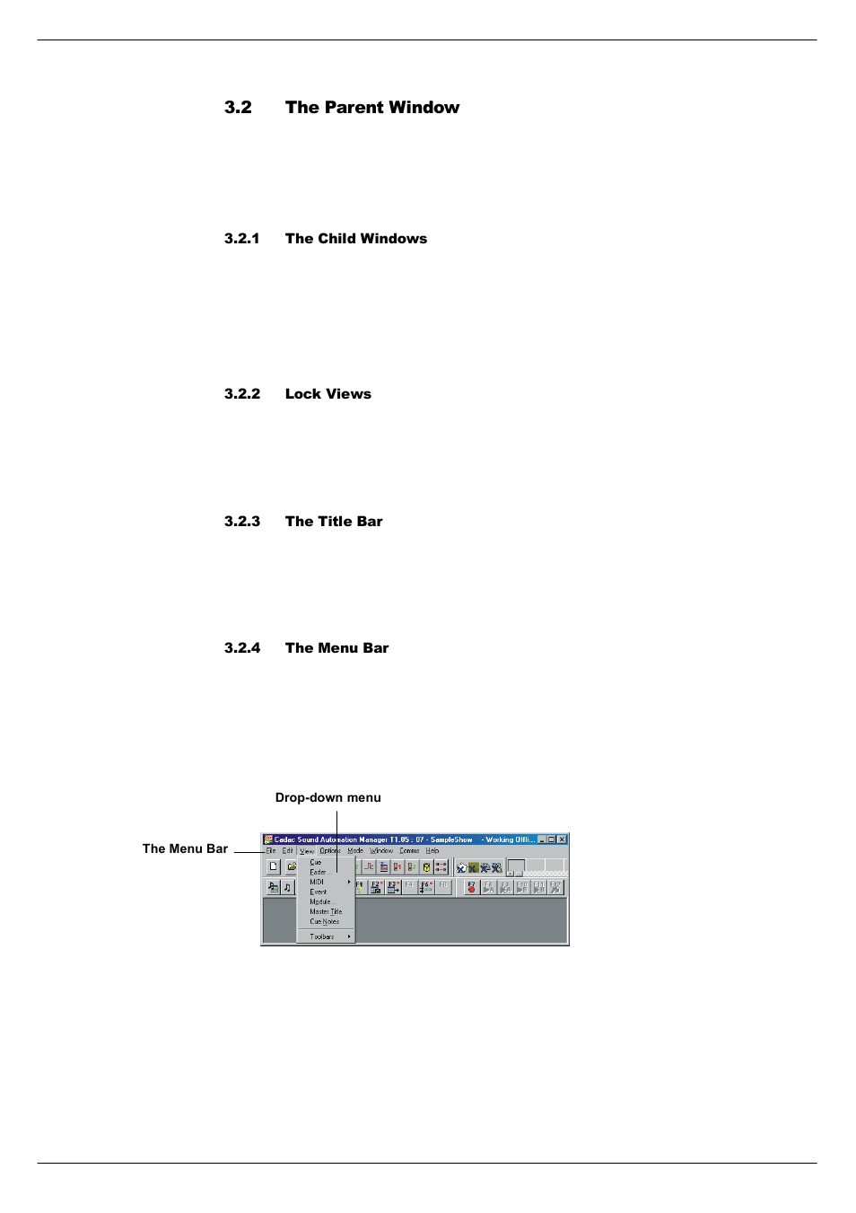 2 the parent window, 1 the child windows, 2 lock views | 3 the title bar, 4 the menu bar, The parent window -2 3.2.1, The child windows -2, Lock views -2, The title bar -2, The menu bar -2 | Cadac SAM User Manual | Page 24 / 96