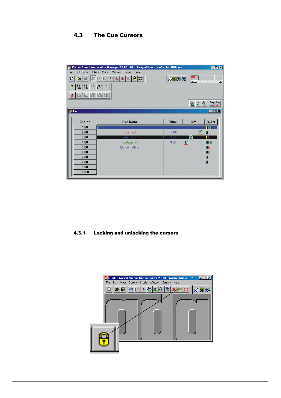 3 the cue cursors, 1 locking and unlocking the cursors, The cue cursors -2 4.3.1 | Locking and unlocking the cursors -2, 716 7kh#&xh#&xuvruv | Cadac SAM User Manual | Page 28 / 96