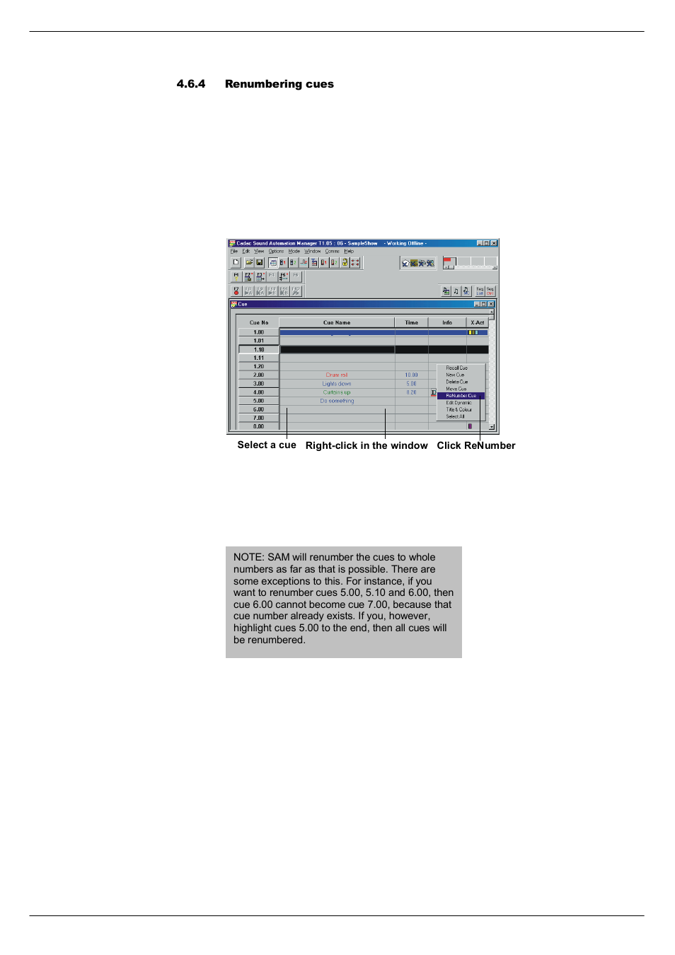 4 renumbering cues, Renumbering cues -8 | Cadac SAM User Manual | Page 34 / 96