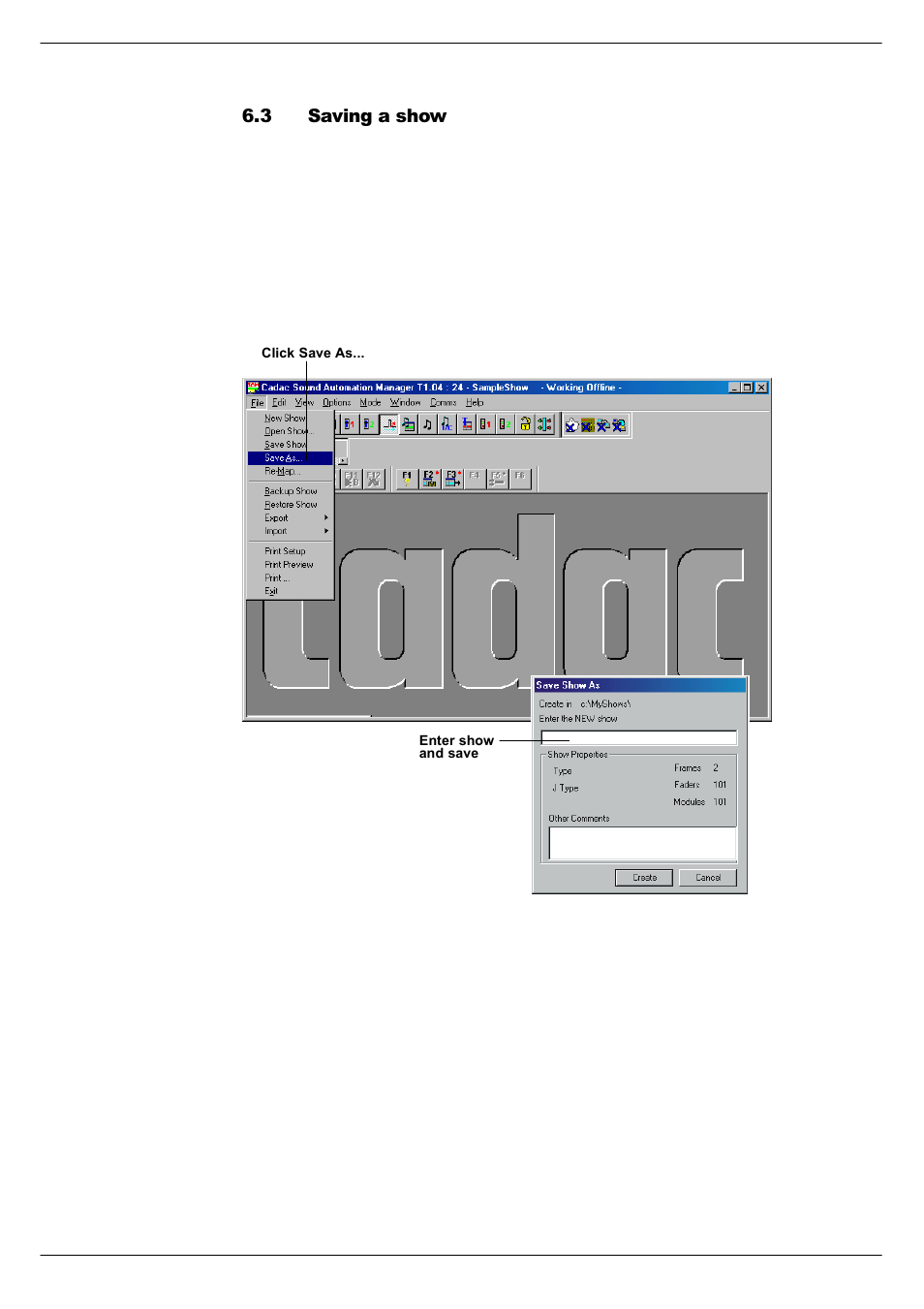 3 saving a show, Saving a show -2, 916 6dylqj#d#vkrz | Cadac SAM User Manual | Page 50 / 96