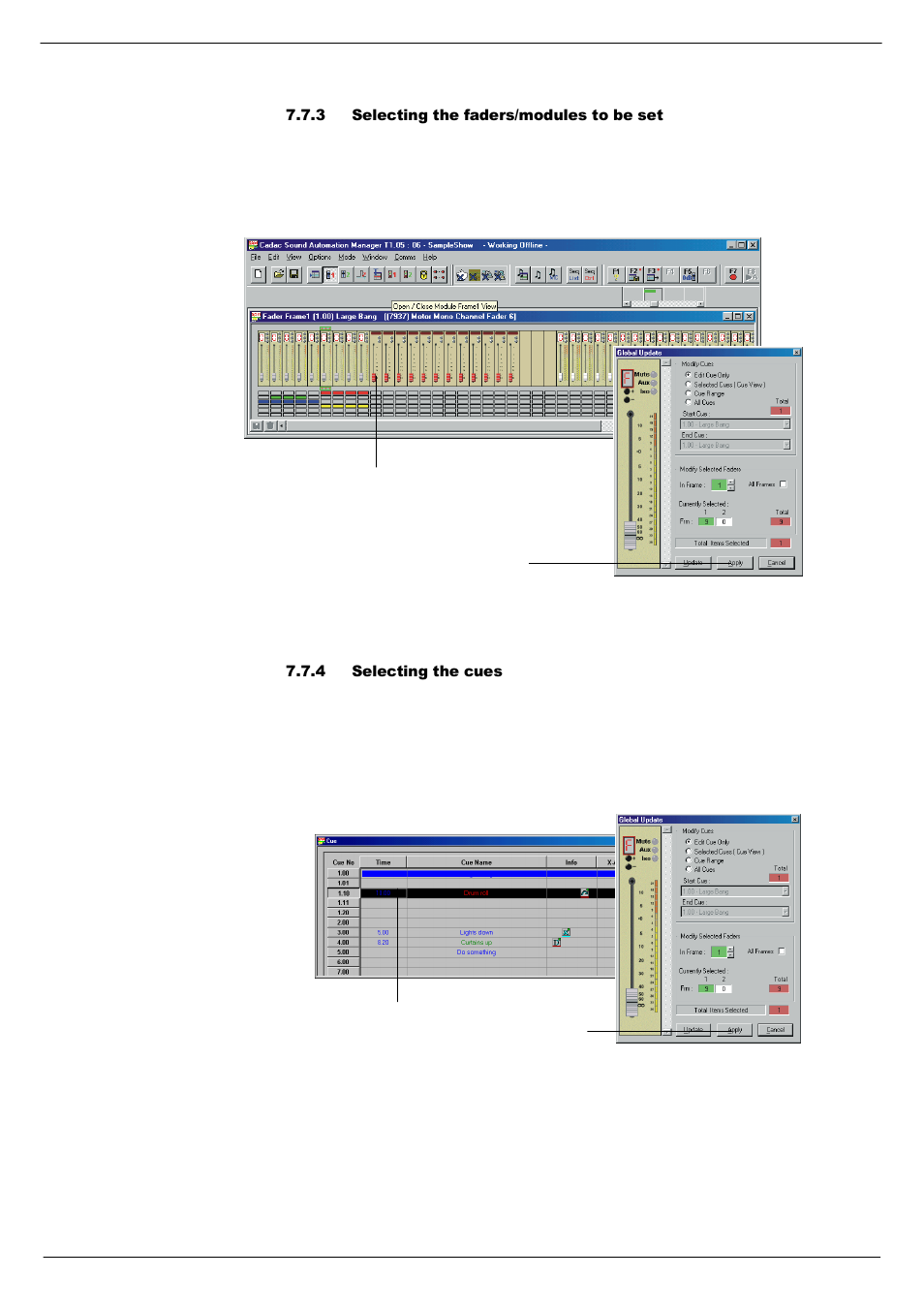 3 selecting the faders/modules to be set, 4 selecting the cues, Selecting the faders/modules to be set -11 | Selecting the cues -11 | Cadac SAM User Manual | Page 69 / 96