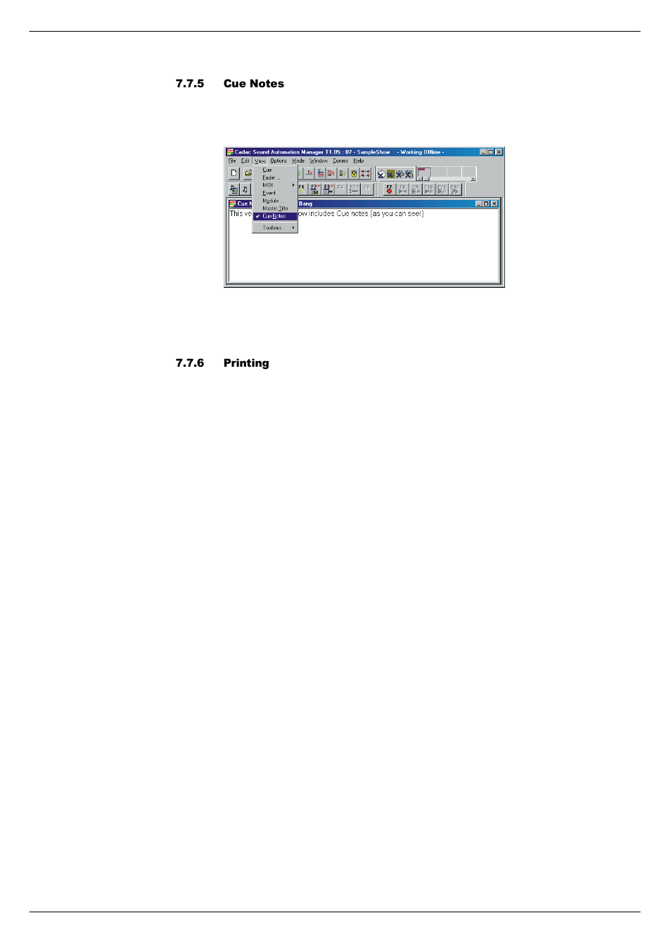 5 cue notes, 6 printing, Cue notes -12 | Printing -12 | Cadac SAM User Manual | Page 70 / 96
