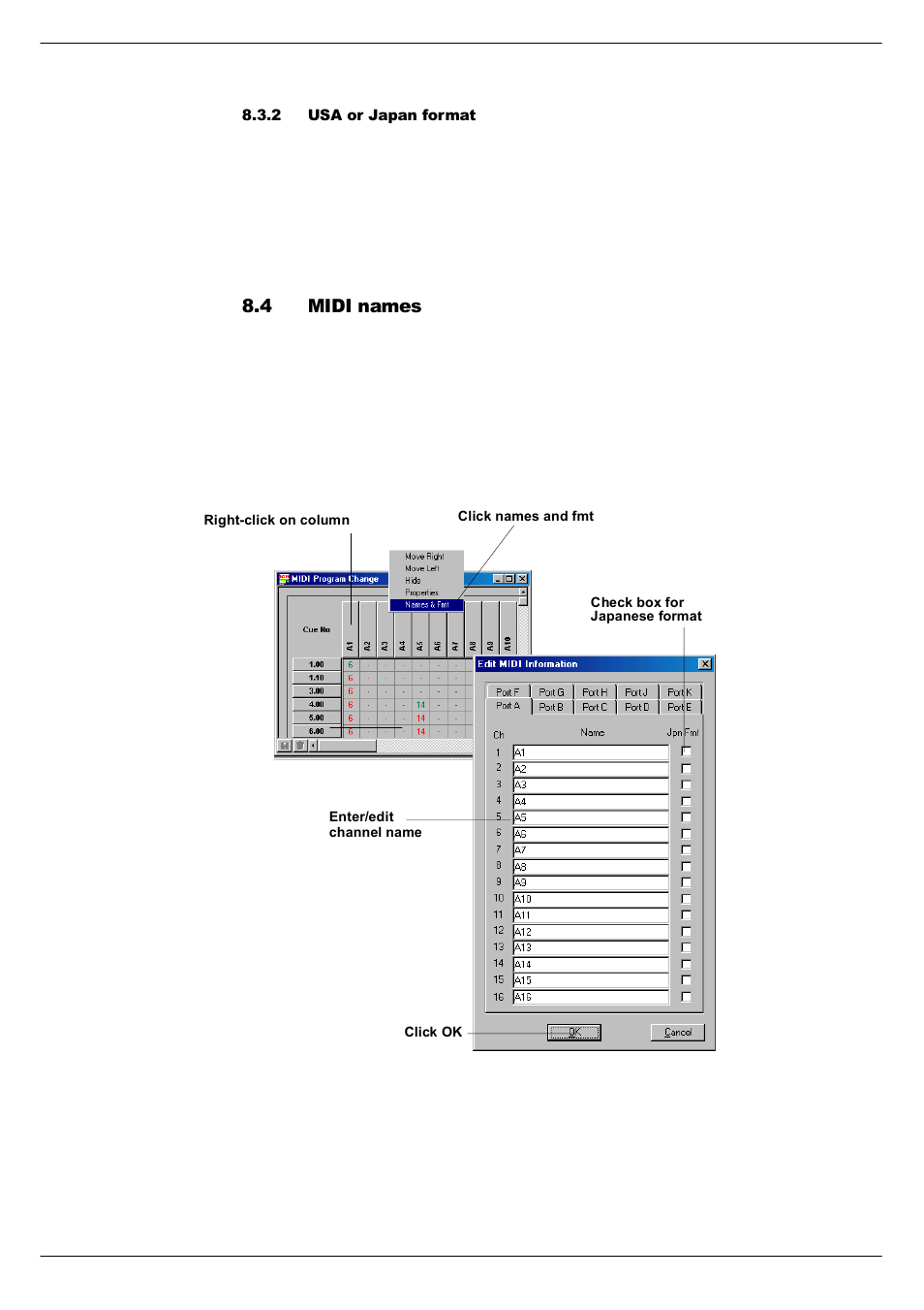 2 usa or japan format, 4 midi names, 2usa or japan format -6 | Midi names -6, 17 0,',#qdphv | Cadac SAM User Manual | Page 76 / 96