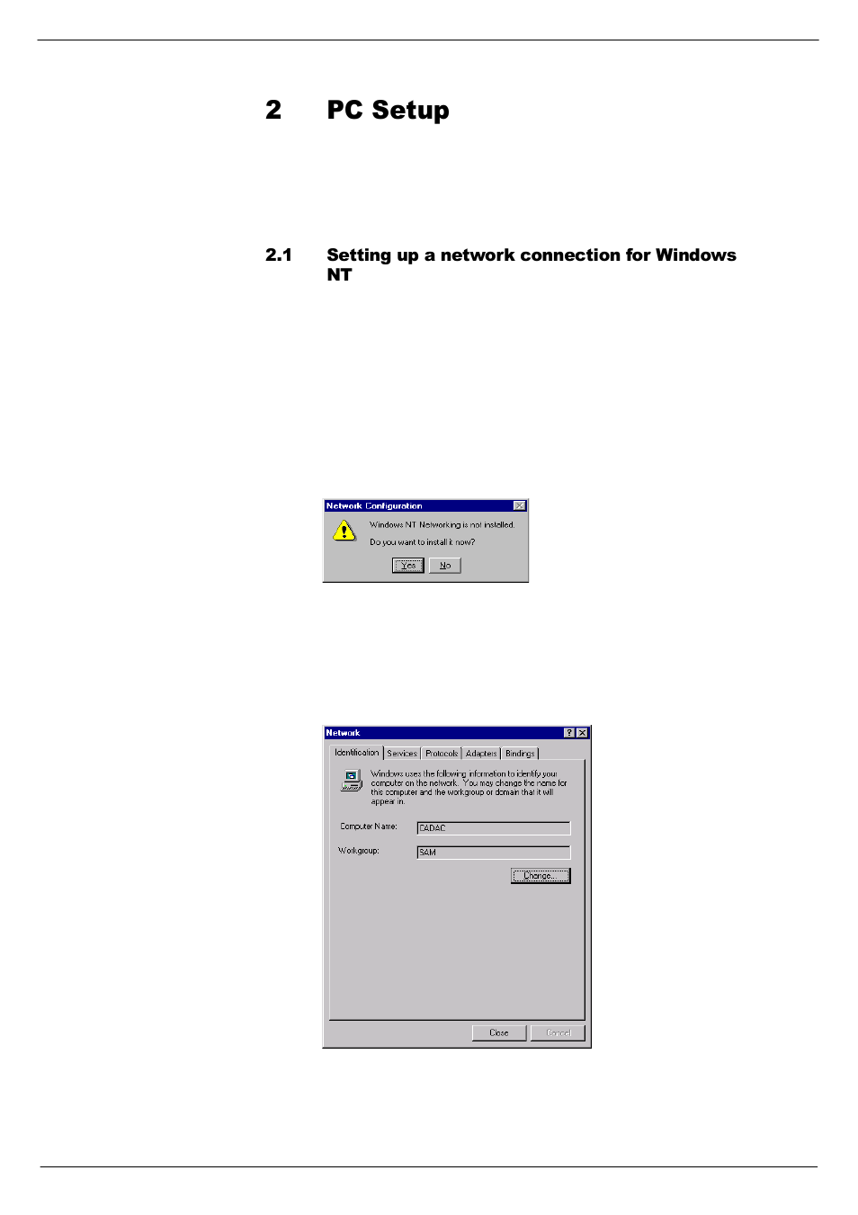 2 pc setup, 1 setting up a network connection for windows nt, Setting up a network connection for windows nt -1 | 53hwxs | Cadac Seance User Manual | Page 11 / 39