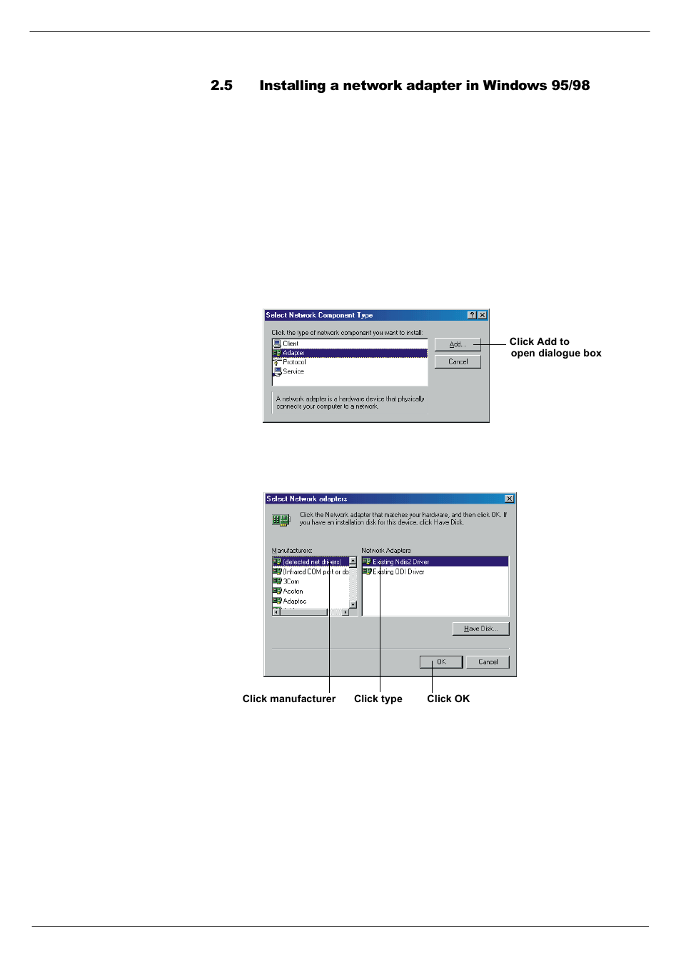5 installing a network adapter in windows 95/98, Installing a network adapter in windows 95/98 -11 | Cadac Seance User Manual | Page 21 / 39