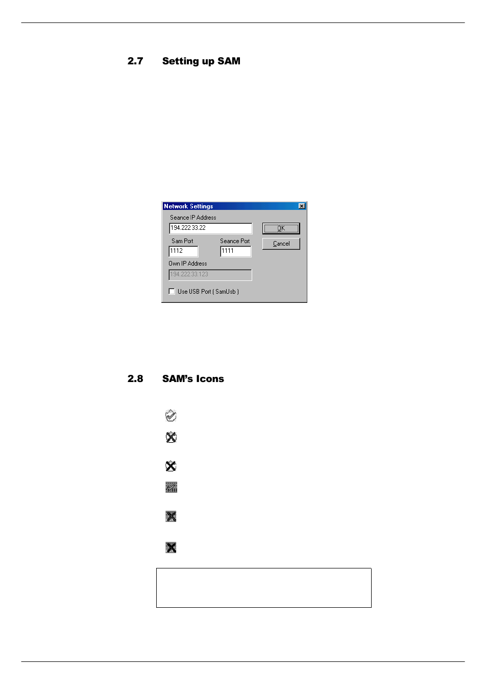 7 setting up sam, 8 sam’s icons, Setting up sam -14 | Sam’s icons -14, 6hwwlqj#xs#6$0, 51; 6$0·v#,frqv | Cadac Seance User Manual | Page 24 / 39