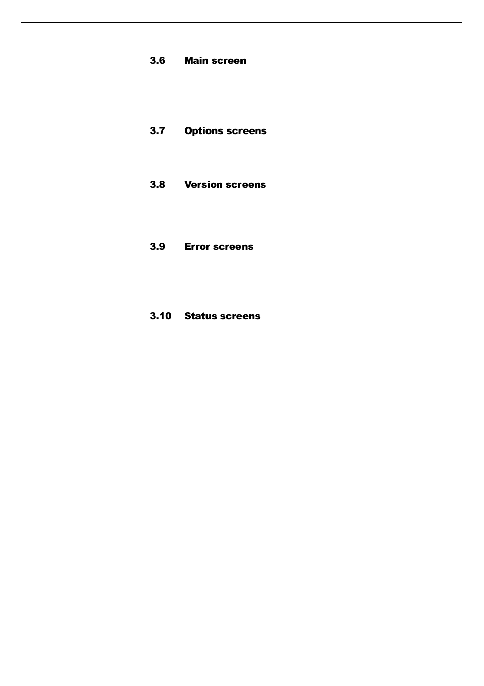 6 main screen, 7 options screens, 8 version screens | 9 error screens, 10 status screens, Main screen -2, Options screens -2, Version screens -2, Error screens -3, Status screens -3 | Cadac Seance User Manual | Page 27 / 39