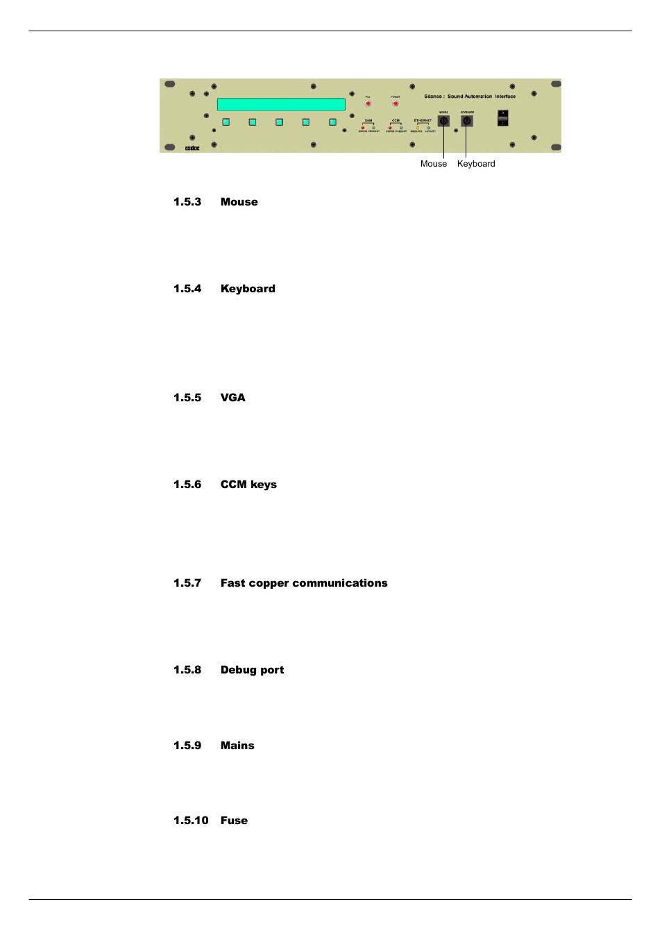 3 mouse, 4 keyboard, 5 vga | 6 ccm keys, 7 fast copper communications, 8 debug port, 9 mains, 10 fuse | Cadac Seance User Manual | Page 8 / 39