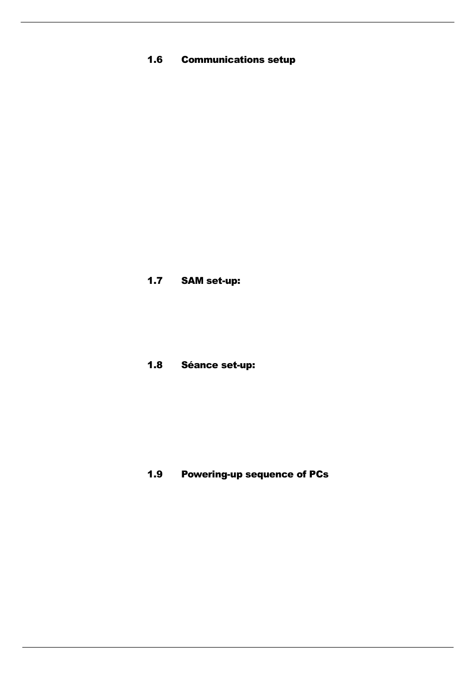 6 communications setup, 7 sam set-up, 8 séance set-up | 9 powering-up sequence of pcs, Communications setup -4, Sam set-up: -4, Séance set-up: -4, Powering-up sequence of pcs -5, 419 &rppxqlfdwlrqv#vhwxs, 6$0#vhw0xs | Cadac Seance User Manual | Page 9 / 39