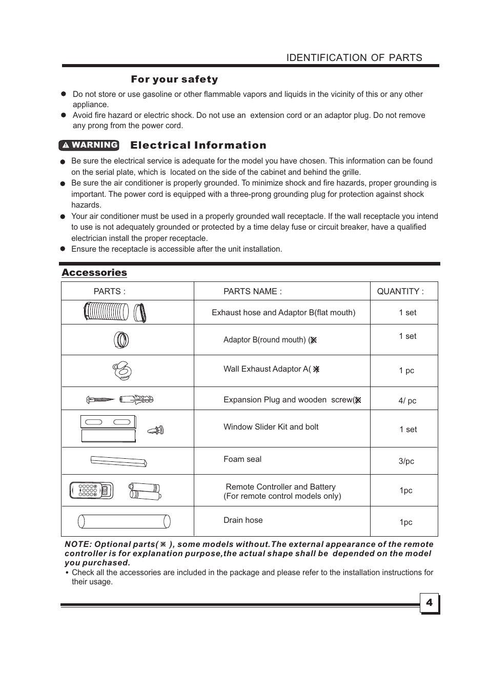 Electrical infor mation, For your safety, Accessories | Identification of parts | Campomatic AC12MP User Manual | Page 6 / 18