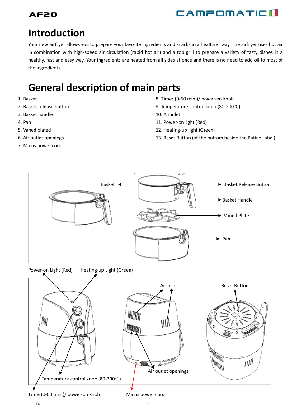 Af20, Introduction, General description of main parts | Campomatic AF20B User Manual | Page 2 / 21
