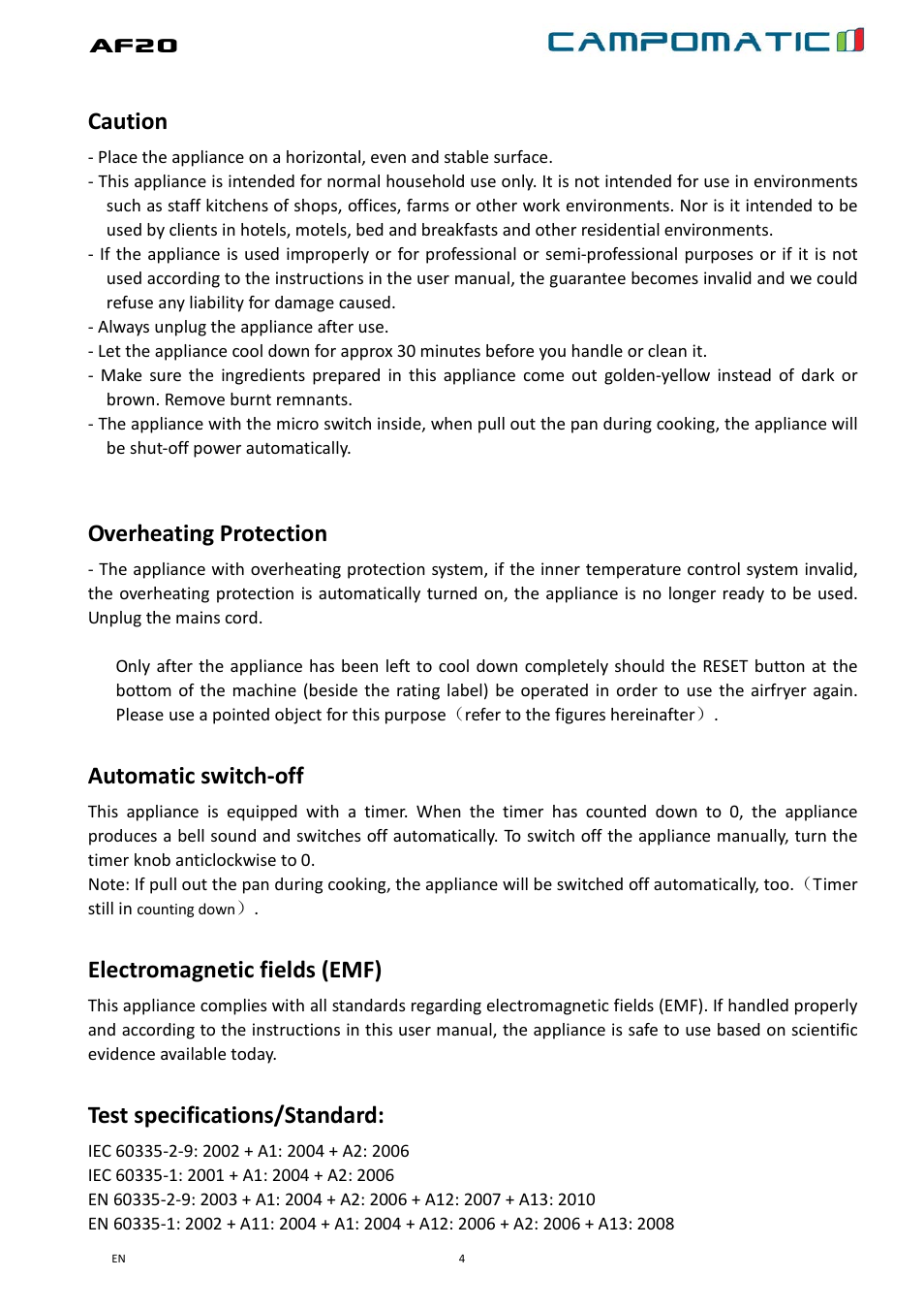 Af20, Caution, Overheating protection | Automatic switch-off, Electromagnetic fields (emf), Test specifications/standard | Campomatic AF20B User Manual | Page 4 / 21