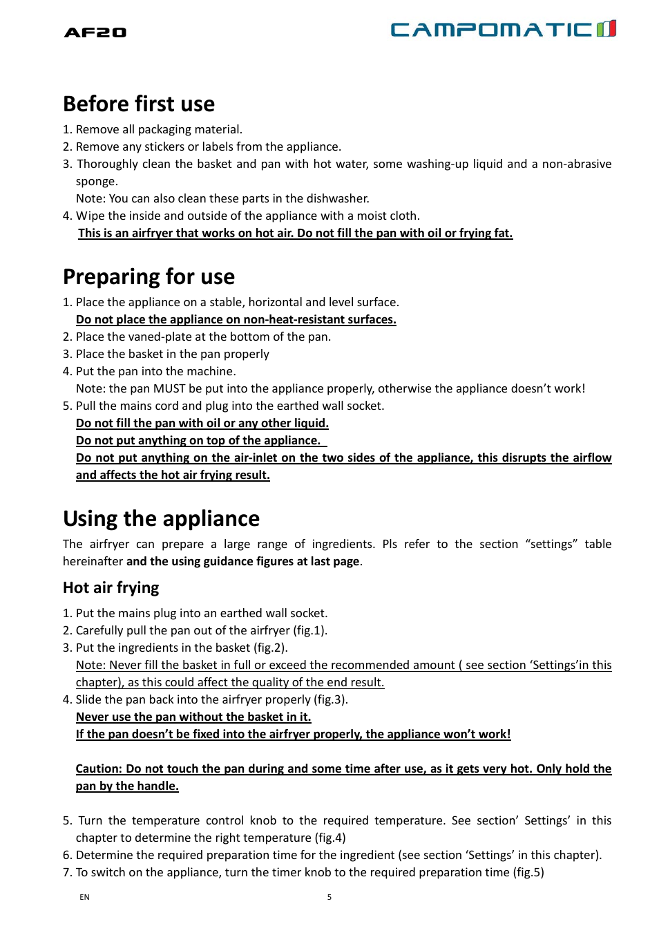 Af20, Before first use, Preparing for use | Using the appliance, Hot air frying | Campomatic AF20B User Manual | Page 5 / 21