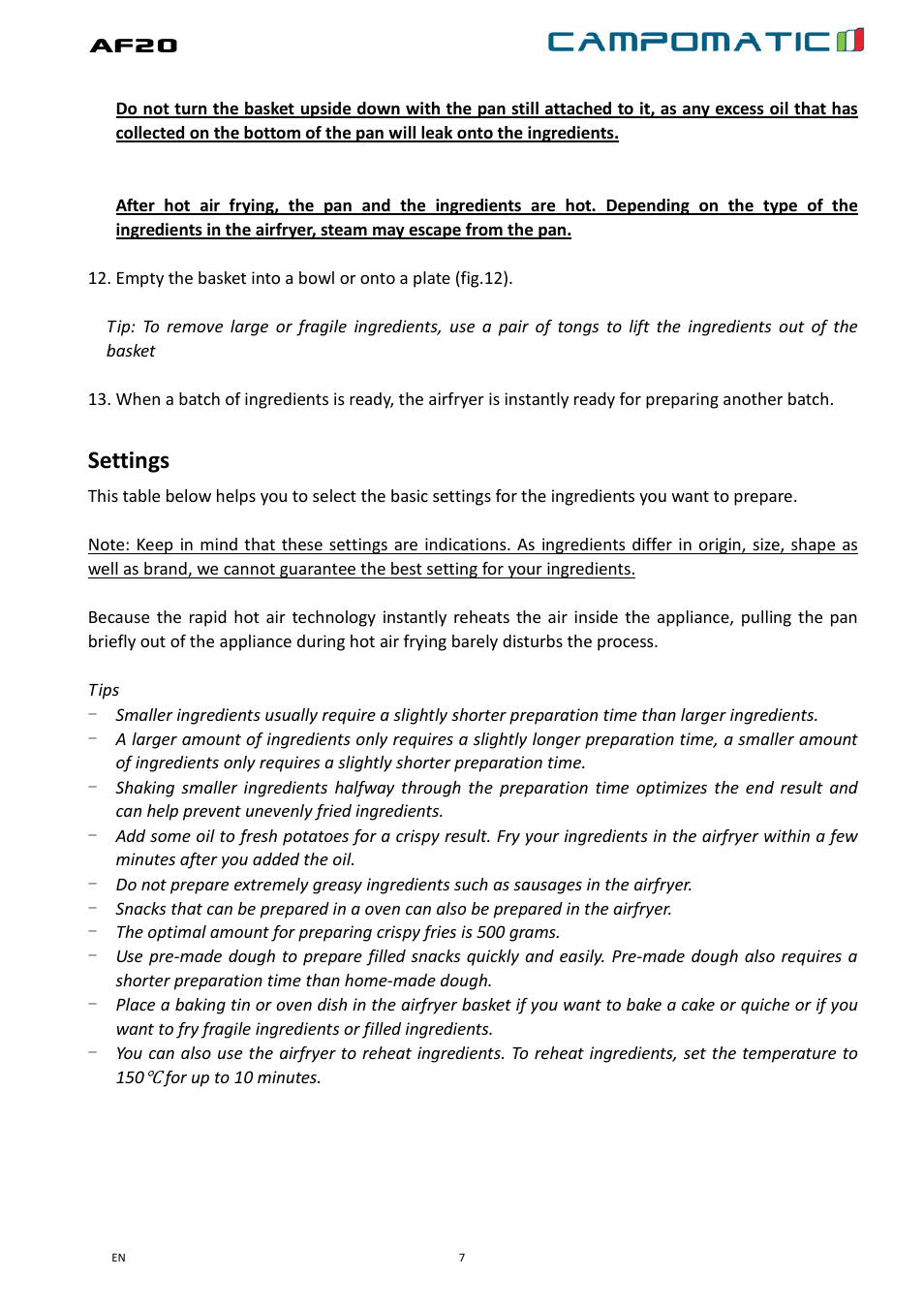 Af20, Settings | Campomatic AF20B User Manual | Page 7 / 21