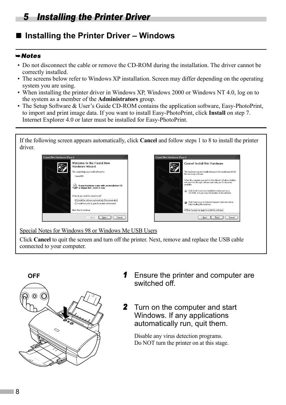 5 installing the printer driver, Installing the printer driver – windows 1111 | Canon i 550 User Manual | Page 10 / 26