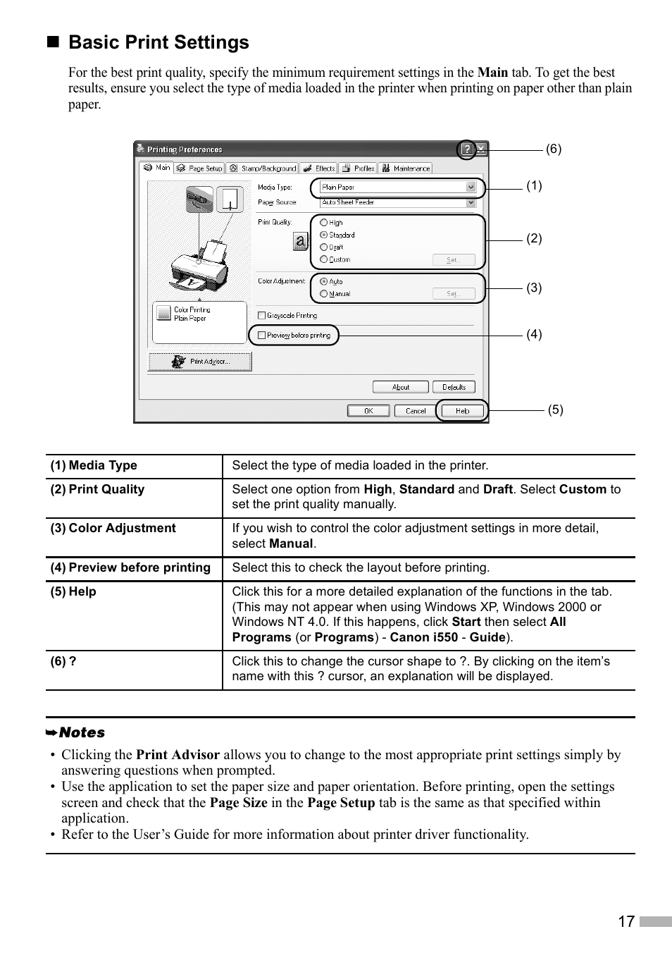 Basic print settings | Canon i 550 User Manual | Page 19 / 26