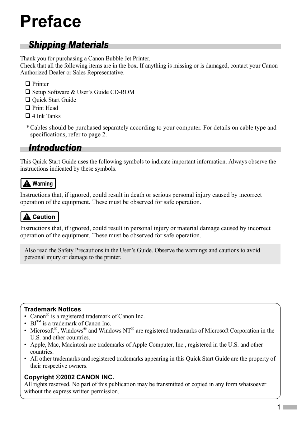 Preface, Shipping materials, Introduction | Canon i 550 User Manual | Page 3 / 26