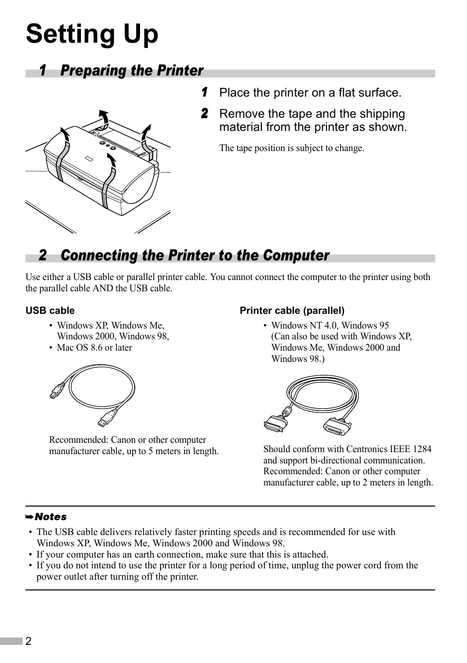 Setting up, 1 preparing the printer, 2 connecting the printer to the computer | Canon i 550 User Manual | Page 4 / 26