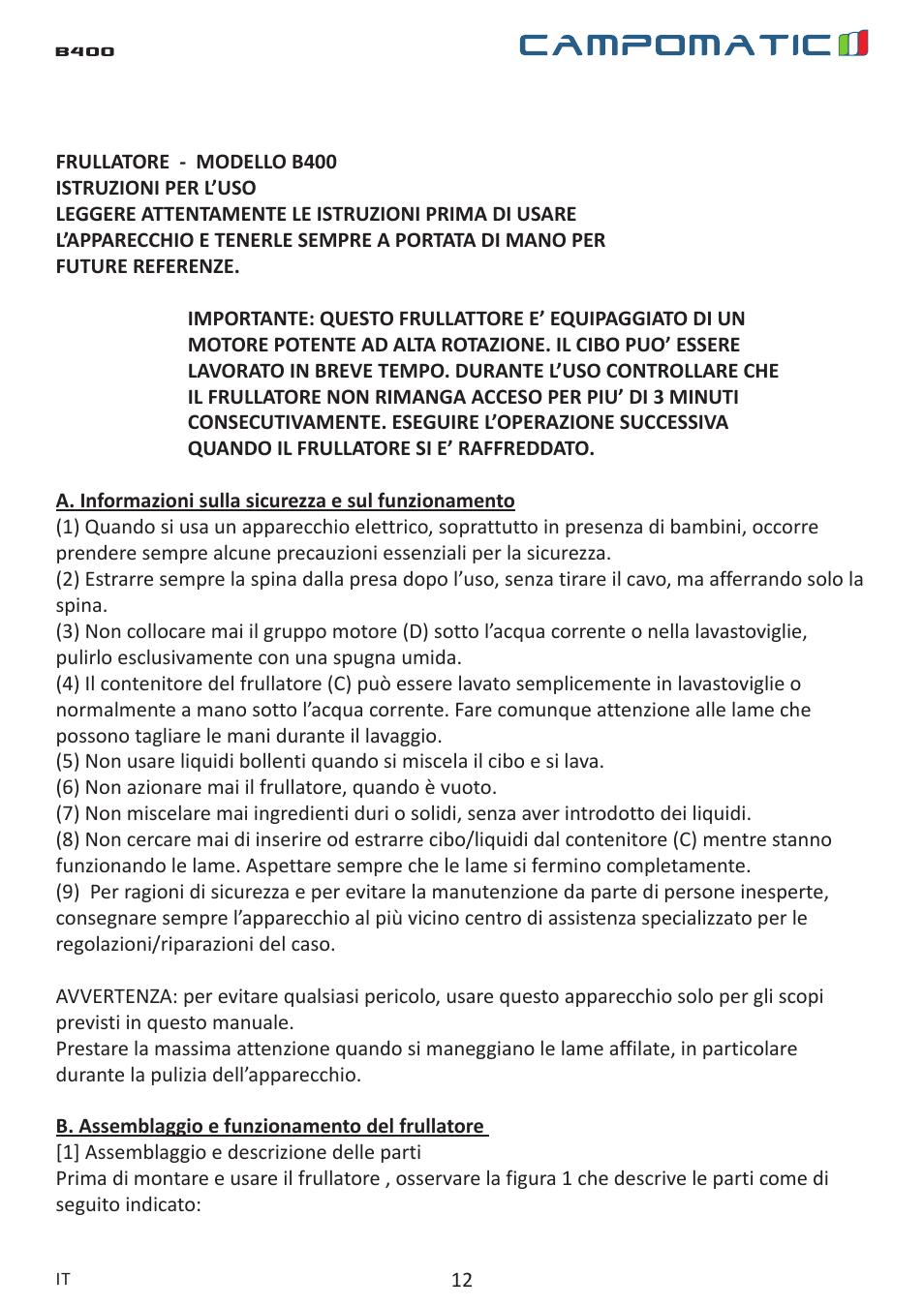 Campomatic B400 User Manual | Page 12 / 22