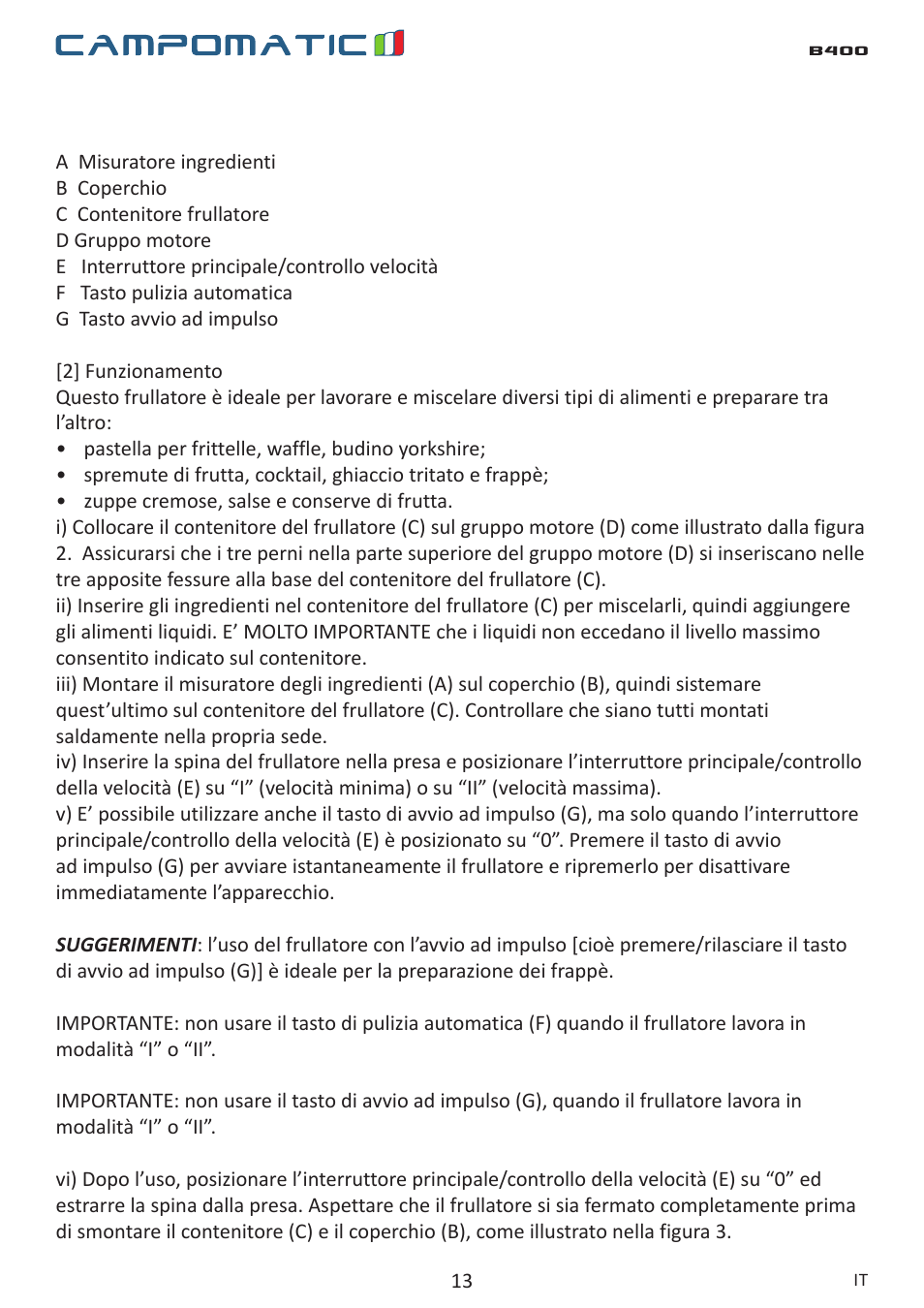 Campomatic B400 User Manual | Page 13 / 22