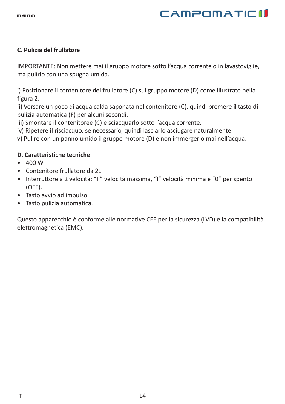 Campomatic B400 User Manual | Page 14 / 22