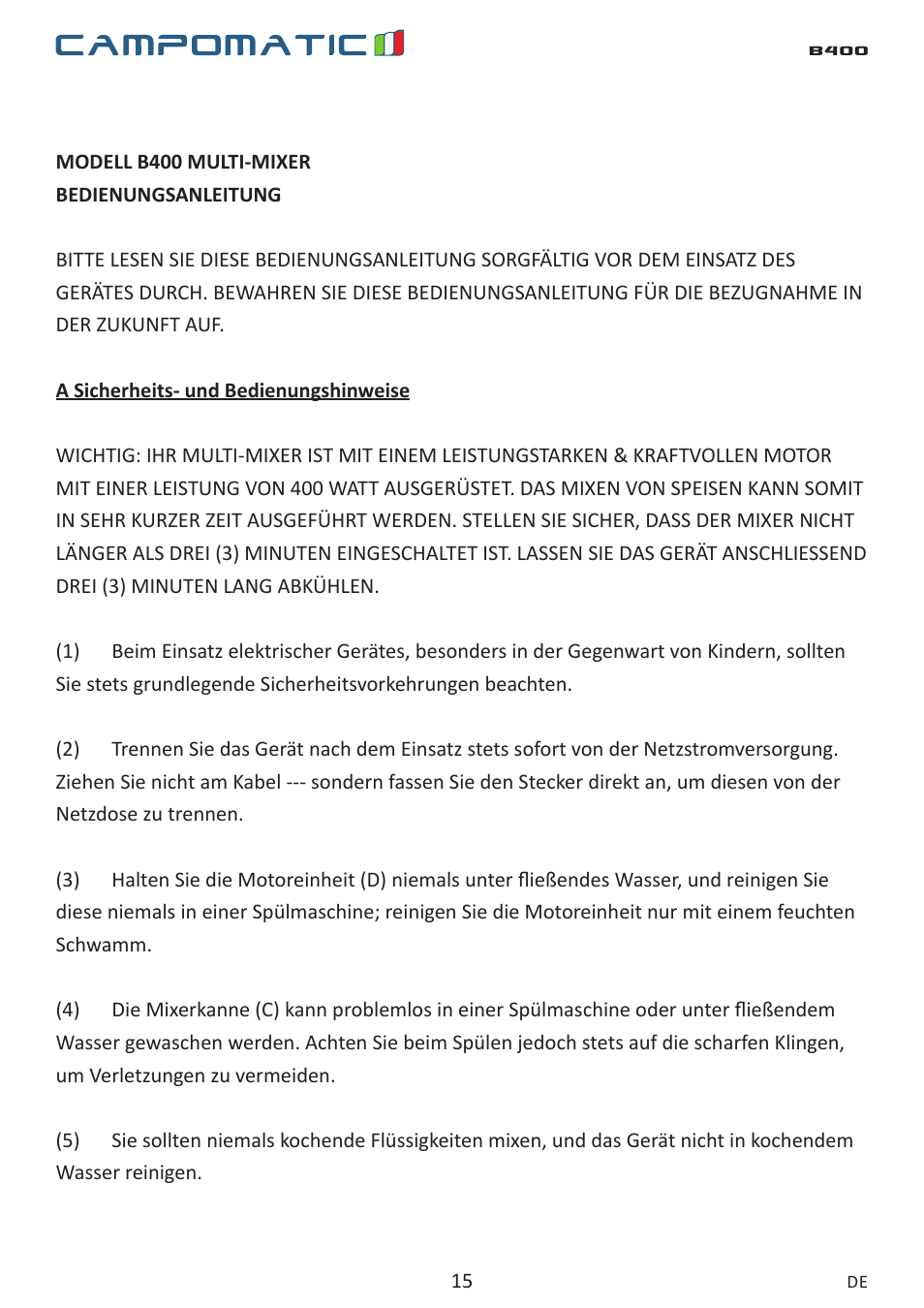 Campomatic B400 User Manual | Page 15 / 22
