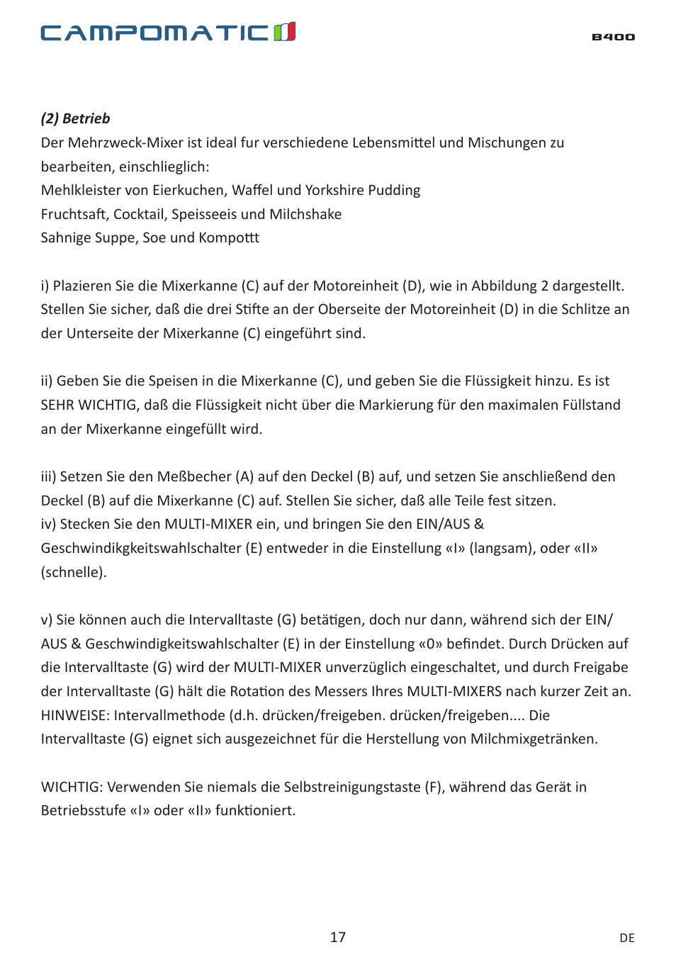 Campomatic B400 User Manual | Page 17 / 22