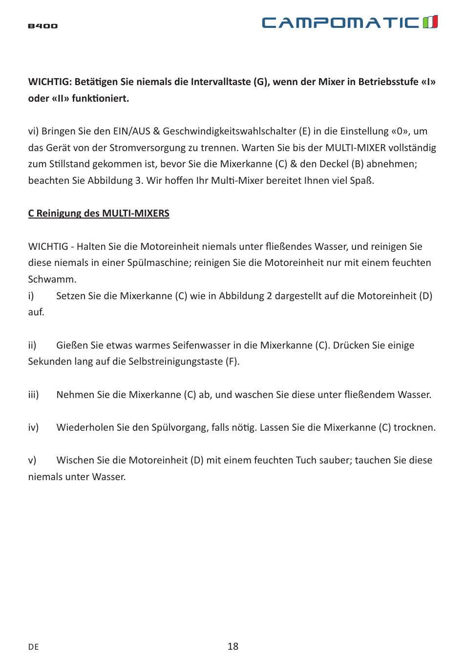 Campomatic B400 User Manual | Page 18 / 22