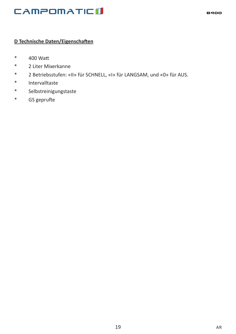 Campomatic B400 User Manual | Page 19 / 22